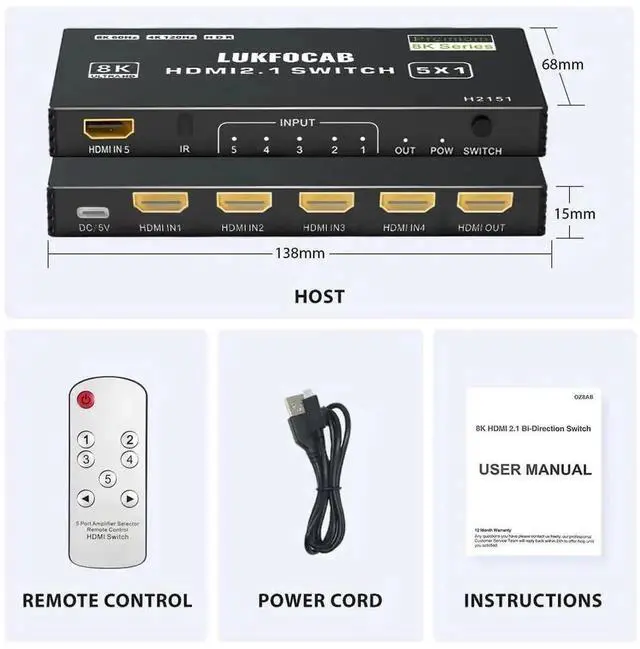 Alt view image 5 of 7 - 5 in 1 Out HDMI 2.1 8K Switch with IR Remote, 48Gbps High Speed 5-Port HDMI Switcher Selector Box Support 8K@60Hz 4K@120Hz, HDR10+, HDCP2.3 & 3D for PS5/PS4/PS3, Xbox Series X, Nintendo Switch, Laptop