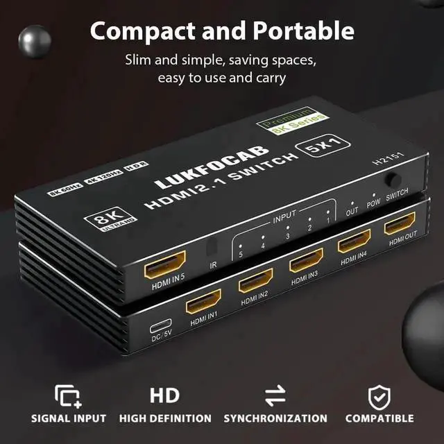 Alt view image 7 of 7 - 5 in 1 Out HDMI 2.1 8K Switch with IR Remote, 48Gbps High Speed 5-Port HDMI Switcher Selector Box Support 8K@60Hz 4K@120Hz, HDR10+, HDCP2.3 & 3D for PS5/PS4/PS3, Xbox Series X, Nintendo Switch, Laptop