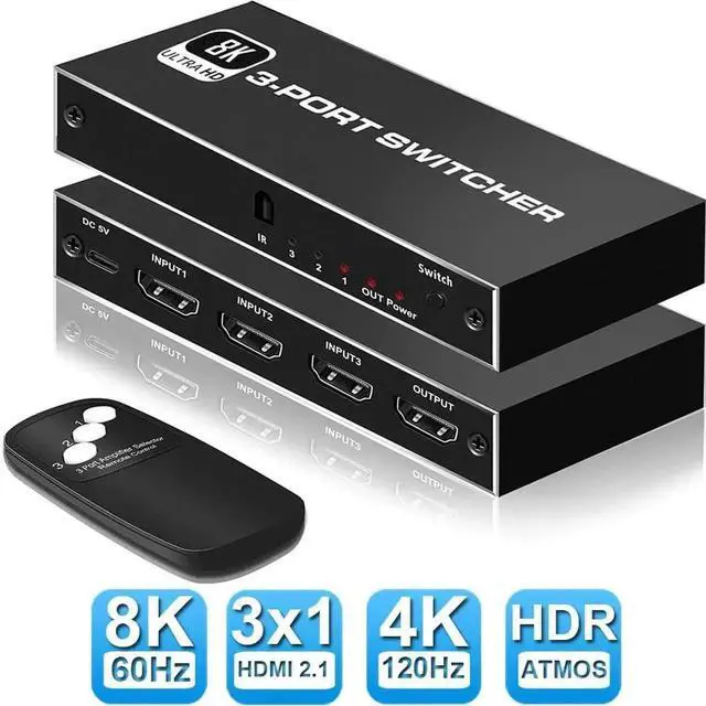 Main image of 3 in 1 Out 8K HDMI 2.1 Switch with IR Remote, 48Gbps High Speed HDMI Switcher Selector Supports 8K@60Hz, 4K@120Hz, 2K@144Hz, HDR, CEC, Dolby Vision, HDCP 2.3 for PS5, Xbox Series X/S, PC, UHD TV, Moni