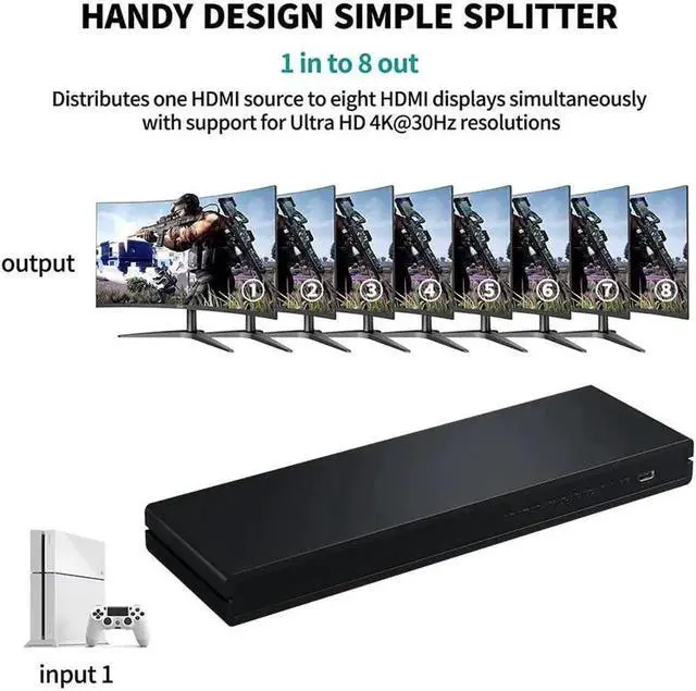 Alt view image 3 of 6 - WRIARICH 1 in 8 Out HDMI Splitter, 1x8 HDMI Audio Video Distributor Box Supports 4K@30Hz 3D Full HD for HDTV Projector STB DVD PS3, with USB Power Cable