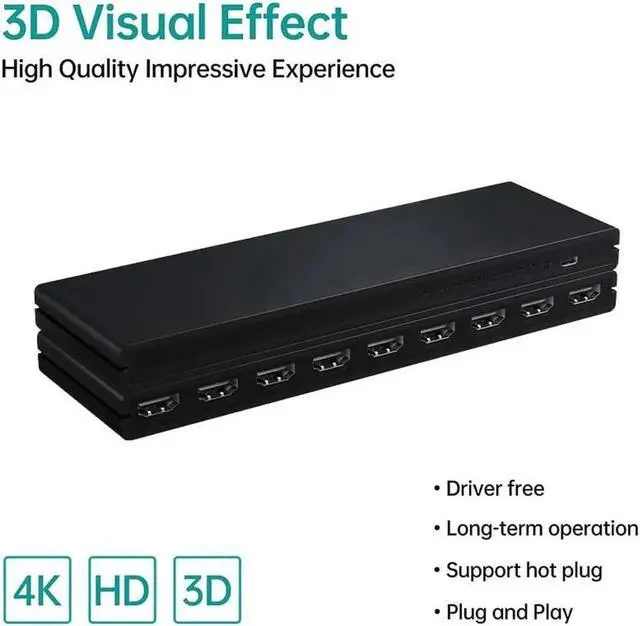 Alt view image 5 of 6 - WRIARICH 1 in 8 Out HDMI Splitter, 1x8 HDMI Audio Video Distributor Box Supports 4K@30Hz 3D Full HD for HDTV Projector STB DVD PS3, with USB Power Cable