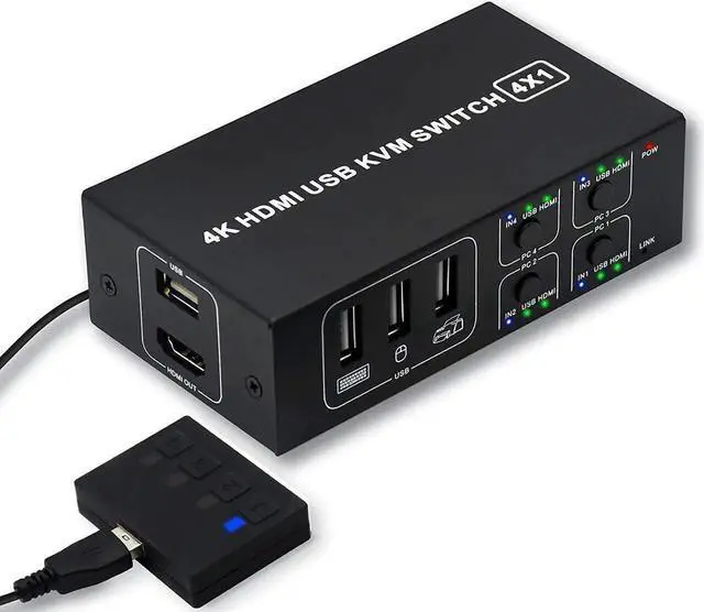 Main image of WRIARICH 4x1 HDMI KVM Switch 4 Ports, 4 PCs Share One 4K@60Hz Monitor, One-Button Control, Comes with 4 USB Cables & 1 Power Cable