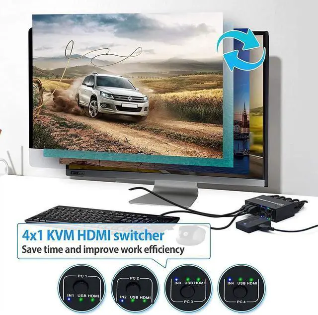 Alt view image 4 of 7 - WRIARICH 4x1 HDMI KVM Switch 4 Ports, 4 PCs Share One 4K@60Hz Monitor, One-Button Control, Comes with 4 USB Cables & 1 Power Cable