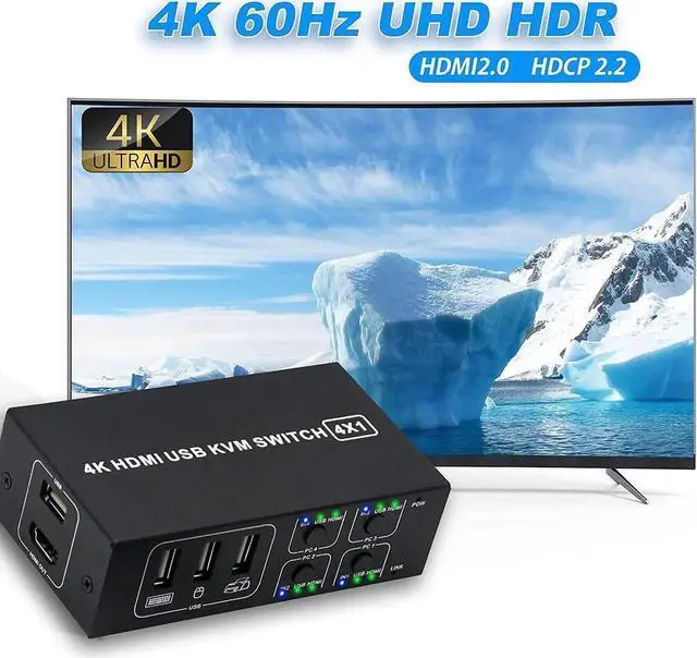 Alt view image 7 of 7 - WRIARICH 4x1 HDMI KVM Switch 4 Ports, 4 PCs Share One 4K@60Hz Monitor, One-Button Control, Comes with 4 USB Cables & 1 Power Cable