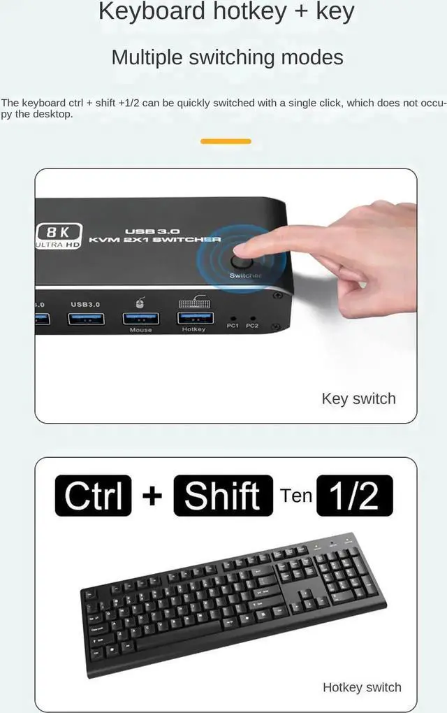 Alt view image 7 of 7 - WRIARICH 2x1 HDMI 2.1 8K KVM Switch with 4 USB 3.0 Ports, 2 PCs Share 1 Monitor, Support 8K@60Hz, 4K@120Hz, YUV 4:4:4, HDCP 2.3, HDR10, Hotkey Control, Dark Shell