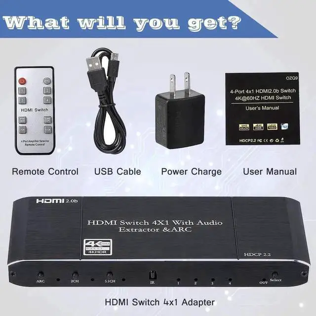 Alt view image 3 of 7 - 4x1 HDMI Switch with Audio Extractor, 4 in 1 Out 4K HDMI Switcher Selector Box, Separate Optical Toslink + Coaxial + 3.5mm AUX Audio Output, Built-in EDID Management, IR Remote Control, Supports 4K UH