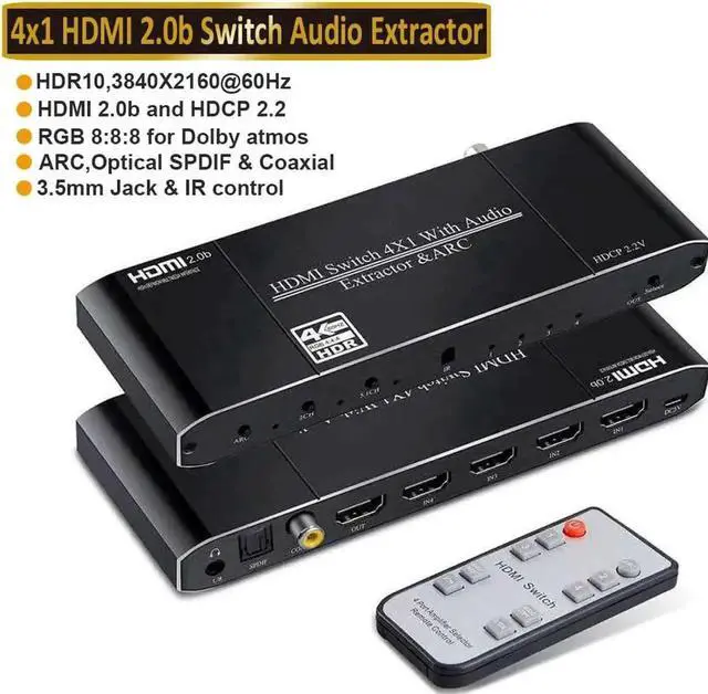 Main image of 4 In 1 Out HDMI Switch with Audio Extractor, 4K@60Hz HDMI Switcher to HDMI + Optical SPDIF + Coaxial + 3.5mm AUX Stereo Audio, Support ARC, HDCP2.2, HDR10, 3D, Dolby Atmos & EDID Function for PS5 Xbox