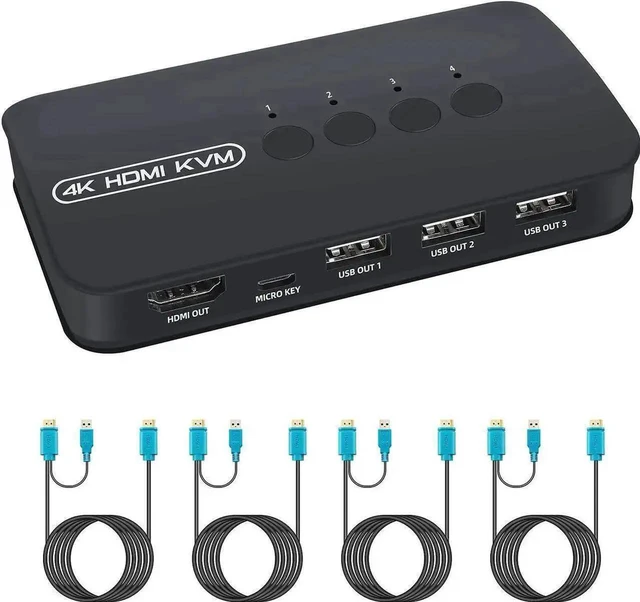 Main image of WRIARICH 4-Port HDMI KVM Switch, 4 PCs Share One 4K Monitor, Keyboard, Mouse & Printer, 4 KVM Cables Included