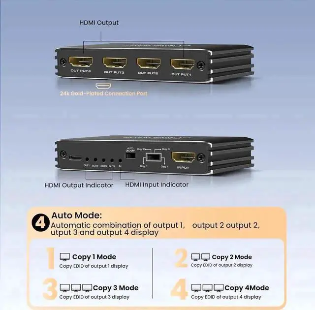 Alt view image 5 of 7 - WRIARICH HDMI 2.1 1 in 4 Out Splitter 8K@60Hz 4K@120Hz 48Gbps Mirror Duplicate Splitter HDCP 2.3 RGB 4:4:4 Active Powered Splitter for Gaming Monitors TV Projector