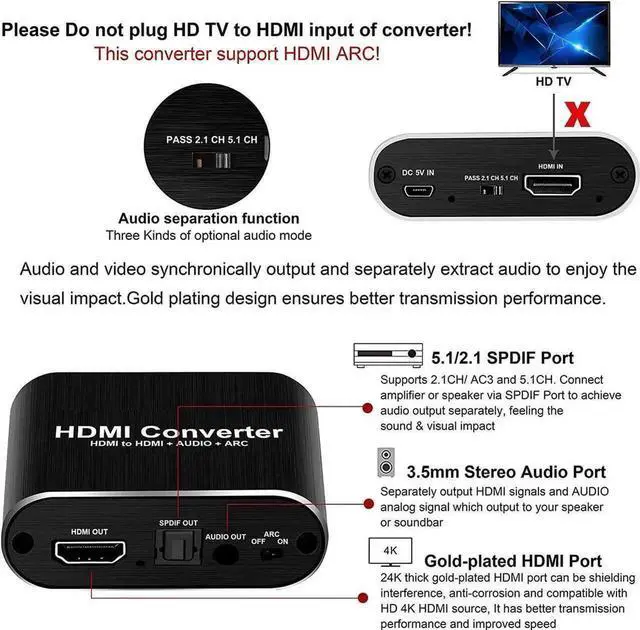 Alt view image 5 of 7 - WRIARICH 4K@60Hz HDMI Audio Extractor Converter, HDMI to HDMI + Optical Toslink SPDIF + 3.5mm AUX Stereo Audio Splitter, HDCP 2.2 Compliant, Supports Full HD 1080P & 3D