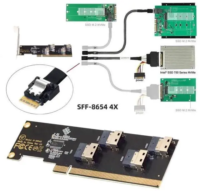 Alt view image 5 of 7 - WRIARICH 4-Port SFF-8654 X4 NVMe to PCIe X16 3.0/4.0 VROC RAID0 Hyper Storage Adapter Card