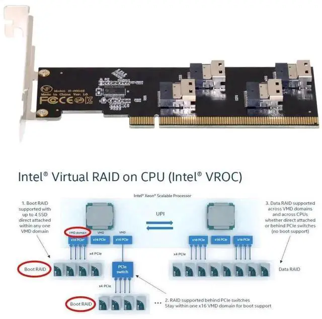 Alt view image 6 of 7 - WRIARICH 4-Port SFF-8654 X4 NVMe to PCIe X16 3.0/4.0 VROC RAID0 Hyper Storage Adapter Card