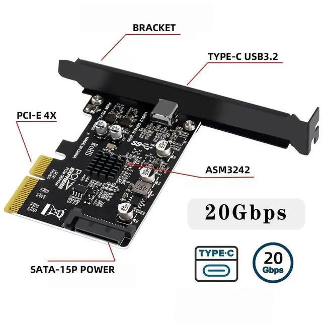 Alt view image 7 of 7 - WRIARICH PCI-E X4 USB 3.2 Gen2 Type-C Expansion Card 20Gbps USB-C Adapter For Desktop Motherboard