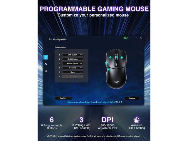 Alt view image 7 of 7 - WRIARICH AULA SC580 Wireless Gaming Mouse, Tri-Mode 2.4G/BT5.0/USB-C Gaming Mouse, 12000 DPI Rechargeable Wireless Mouse with 6 Programmable Buttons, Ergonomic Computer Mouse for Laptop/PC/Mac/Tablet