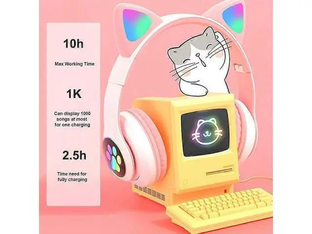 Alt view image 3 of 5 - WRIARICH STN281019 Foldable Cat Ear Bluetooth Headphones - LED Lights, 10H Play, Noise Cancel