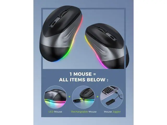 Alt view image 2 of 7 - WRIARICH Wireless Mouse, Jiggler Mouse for Laptop - LED Mouse Rechargeable Computer Mice Mouse Mover Undetectable Random Movement with On/Off Button Keeps Computer Awake - Black&Grey