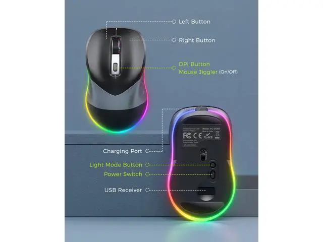 Alt view image 5 of 7 - WRIARICH Wireless Mouse, Jiggler Mouse for Laptop - LED Mouse Rechargeable Computer Mice Mouse Mover Undetectable Random Movement with On/Off Button Keeps Computer Awake - Black&Grey