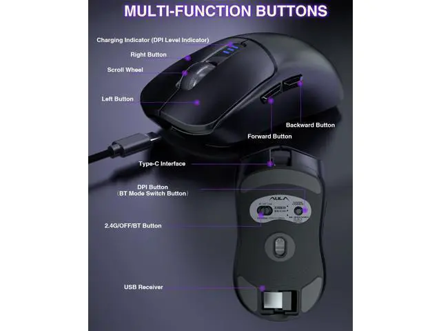 Alt view image 5 of 7 - Vszerda SC580 Wireless Gaming Mouse, Tri-Mode 2.4G/BT5.0/USB-C Gaming Mouse, 12000 DPI Rechargeable Wireless Mouse with 6 Programmable Buttons, Ergonomic Computer Mouse for Laptop/PC/Mac/Tablet