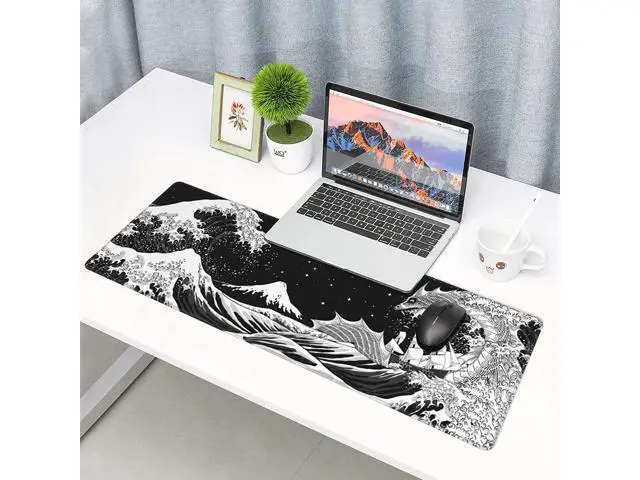 Alt view image 2 of 7 - WRIARICH Black and White XL Extended Large Mouse Mat Desk Pad Japanese Waves Sea Dragon Gaming Mouse Pad Stitched Edges Mousepad Long Non-Slip Rubber Base Mice Pad 31.5 X 11.8 Inch