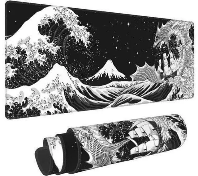Main image of WRIARICH Black and White XL Extended Large Mouse Mat Desk Pad Japanese Waves Sea Dragon Gaming Mouse Pad Stitched Edges Mousepad Long Non-Slip Rubber Base Mice Pad 31.5 X 11.8 Inch