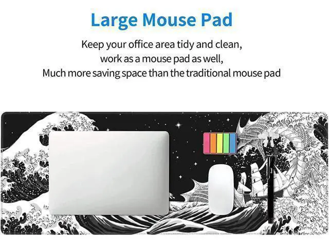 Alt view image 5 of 7 - WRIARICH Black and White XL Extended Large Mouse Mat Desk Pad Japanese Waves Sea Dragon Gaming Mouse Pad Stitched Edges Mousepad Long Non-Slip Rubber Base Mice Pad 31.5 X 11.8 Inch