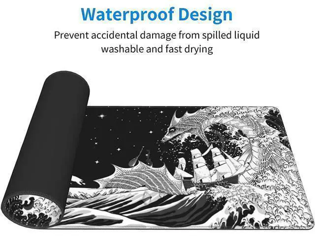 Alt view image 6 of 7 - WRIARICH Black and White XL Extended Large Mouse Mat Desk Pad Japanese Waves Sea Dragon Gaming Mouse Pad Stitched Edges Mousepad Long Non-Slip Rubber Base Mice Pad 31.5 X 11.8 Inch