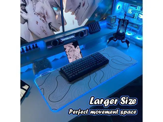 Alt view image 7 of 7 - WRIARICH JMIYAV Gaming Mouse Pad RGB Mousepad Non-Slip Rubber Base Large Cool XL XXL Computer Desk Pad Gaming Accessories LED Light Up Big Mouse Pad for Gamer Topographic White (31.5x12In)