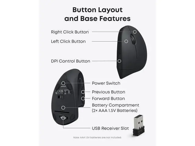 Alt view image 4 of 6 - WRIARICH 2.4G Wireless Vertical Ergonomic Optical Mouse For Work Multi-Device Connectivity 800 / 1200 /1600 DPI 5 Buttons for Laptop Desktop PC - Black
