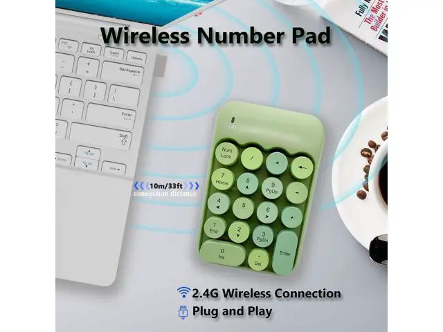 Alt view image 2 of 5 - WRIARICH Seaciyan Wireless Number Pad, Ergonomic Cute Colorful Retro Mini Portable Numeric Keypad, 2.4G Cordless External Keyboard for Computer, Laptop (Green)