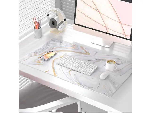 Alt view image 2 of 7 - WRIARICH QIYI Large Mouse Pad Cute Marble White Desk Mat PU Leather Desk Protector Mousepad Gold Grey Striped Waterproof Computer Keyboard Gaming Mouse Pads Non Slip Extended Writing Pad 31.5 x 15.7