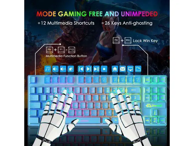Alt view image 3 of 7 - WRIARICH Gaming Keyboard and Mouse Combo,88 Keys Compact Rainbow Backlit Mechanical Feel Keyboard,RGB Backlit 6400 DPI Lightweight Gaming Mouse with Honeycomb Shell for Windows PC Gamers (Blue)