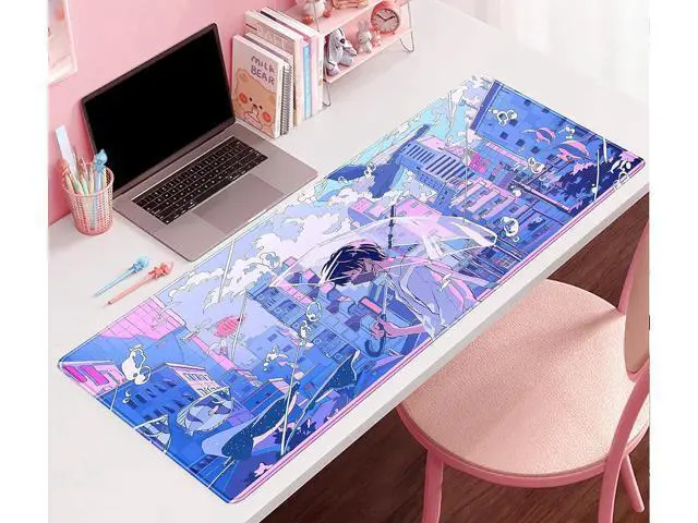 Alt view image 2 of 6 - Anime Kawaii Desk Mat Mousepad Cute Japanese Large Gaming Mouse Pad XXL, Pastel Aesthetic Purple Blue Laptop Keyboard Mouse Mat, Magical Fantasy City Girl Gamer Computer Desktop Mat 31.5x15.75 in