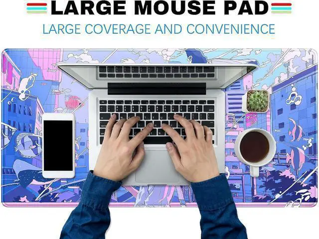 Alt view image 4 of 6 - Anime Kawaii Desk Mat Mousepad Cute Japanese Large Gaming Mouse Pad XXL, Pastel Aesthetic Purple Blue Laptop Keyboard Mouse Mat, Magical Fantasy City Girl Gamer Computer Desktop Mat 31.5x15.75 in