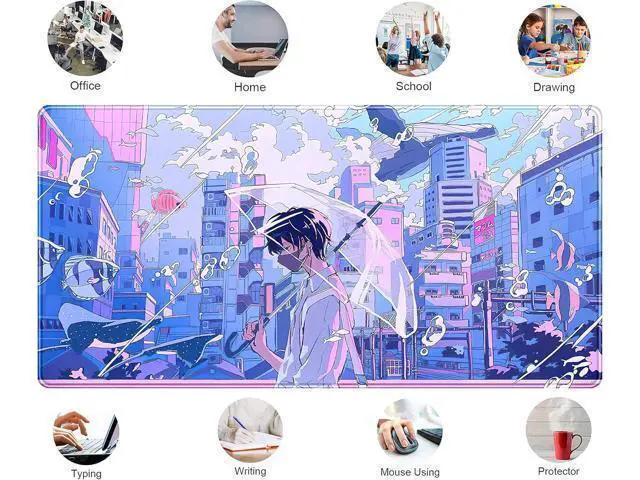 Alt view image 5 of 6 - Anime Kawaii Desk Mat Mousepad Cute Japanese Large Gaming Mouse Pad XXL, Pastel Aesthetic Purple Blue Laptop Keyboard Mouse Mat, Magical Fantasy City Girl Gamer Computer Desktop Mat 31.5x15.75 in