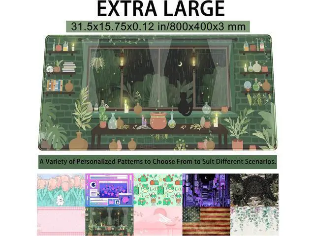 Alt view image 2 of 6 - WRIARICH Cute Rainy Night Desk Mat Green Plants Desk Pad Anime Black Cat Kawaii Large Gaming Mouse Pad Moonlight Fireflies Deskmat Aesthetic Mousepad XXL Laptop Keyboard Pad for Women Desk 31.5x15.75