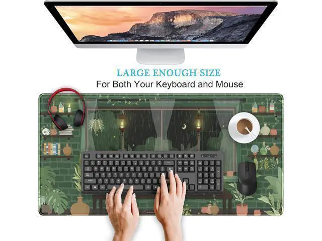 Alt view image 3 of 6 - WRIARICH Cute Rainy Night Desk Mat Green Plants Desk Pad Anime Black Cat Kawaii Large Gaming Mouse Pad Moonlight Fireflies Deskmat Aesthetic Mousepad XXL Laptop Keyboard Pad for Women Desk 31.5x15.75