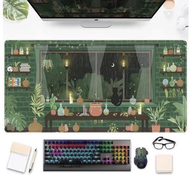 Main image of WRIARICH Cute Rainy Night Desk Mat Green Plants Desk Pad Anime Black Cat Kawaii Large Gaming Mouse Pad Moonlight Fireflies Deskmat Aesthetic Mousepad XXL Laptop Keyboard Pad for Women Desk 31.5x15.75