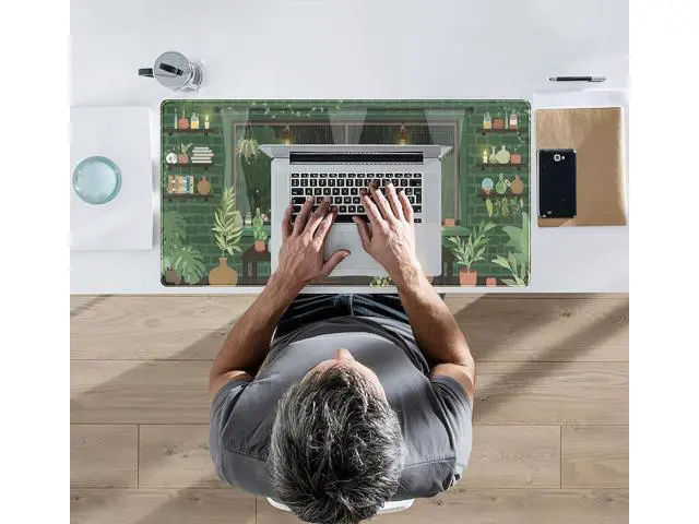 Alt view image 5 of 6 - WRIARICH Cute Rainy Night Desk Mat Green Plants Desk Pad Anime Black Cat Kawaii Large Gaming Mouse Pad Moonlight Fireflies Deskmat Aesthetic Mousepad XXL Laptop Keyboard Pad for Women Desk 31.5x15.75