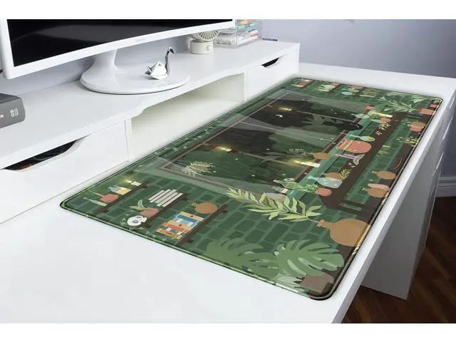 Alt view image 6 of 6 - WRIARICH Cute Rainy Night Desk Mat Green Plants Desk Pad Anime Black Cat Kawaii Large Gaming Mouse Pad Moonlight Fireflies Deskmat Aesthetic Mousepad XXL Laptop Keyboard Pad for Women Desk 31.5x15.75