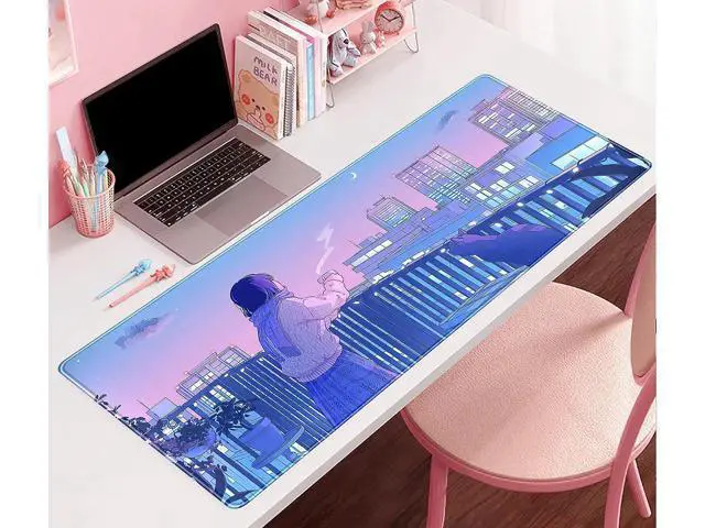 Alt view image 2 of 6 - Purple Anime Kawaii Desk Mat Mousepad Cute Cat XXL Large Gaming Japanese Girly Aesthetic Mouse Pad Tokyo Street Desk Mat 31.5x15.75 in Girl Gamer Desktop Mat Computer Laptop Keyboard Mouse Mat