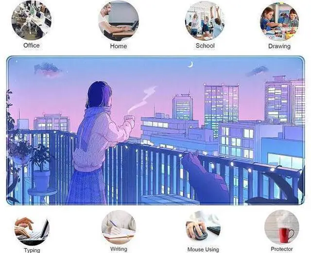 Alt view image 5 of 6 - Purple Anime Kawaii Desk Mat Mousepad Cute Cat XXL Large Gaming Japanese Girly Aesthetic Mouse Pad Tokyo Street Desk Mat 31.5x15.75 in Girl Gamer Desktop Mat Computer Laptop Keyboard Mouse Mat