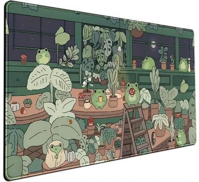 Main image of WRIARICH Cute Frog Kawaii Green Desk Decor Mat, Large Gaming Mouse Pad for Computer Keyboard Laptop, Home Office Accessories for Girl (31.5x15.7 in)-with Stitched Edges Pad