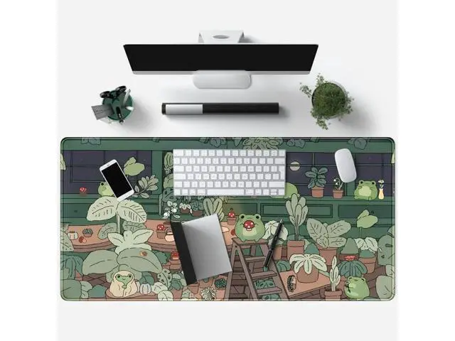 Alt view image 4 of 6 - WRIARICH Cute Frog Kawaii Green Desk Decor Mat, Large Gaming Mouse Pad for Computer Keyboard Laptop, Home Office Accessories for Girl (31.5x15.7 in)-with Stitched Edges Pad