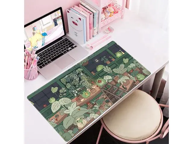 Alt view image 5 of 6 - WRIARICH Cute Frog Kawaii Green Desk Decor Mat, Large Gaming Mouse Pad for Computer Keyboard Laptop, Home Office Accessories for Girl (31.5x15.7 in)-with Stitched Edges Pad