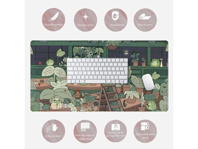 Alt view image 6 of 6 - WRIARICH Cute Frog Kawaii Green Desk Decor Mat, Large Gaming Mouse Pad for Computer Keyboard Laptop, Home Office Accessories for Girl (31.5x15.7 in)-with Stitched Edges Pad
