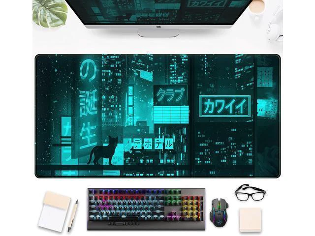 Alt view image 2 of 6 - WRIARICH Cyan Green Japanese Desk Mat Neon Tokyo Extended Mouse Pad Anime Cat Desk Pad Gaming Mousepad XXL Large Keyboard Mat for Gamers Cool Computer Mat for Desk with Stitched Edges 31.5X15.7 in