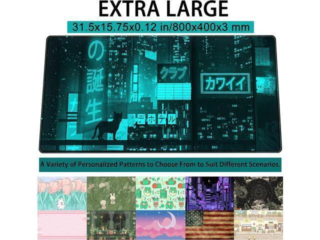 Alt view image 3 of 6 - WRIARICH Cyan Green Japanese Desk Mat Neon Tokyo Extended Mouse Pad Anime Cat Desk Pad Gaming Mousepad XXL Large Keyboard Mat for Gamers Cool Computer Mat for Desk with Stitched Edges 31.5X15.7 in