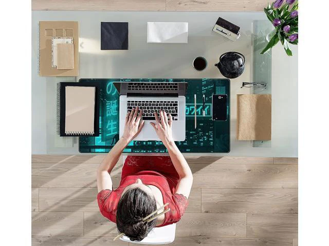 Alt view image 4 of 6 - WRIARICH Cyan Green Japanese Desk Mat Neon Tokyo Extended Mouse Pad Anime Cat Desk Pad Gaming Mousepad XXL Large Keyboard Mat for Gamers Cool Computer Mat for Desk with Stitched Edges 31.5X15.7 in