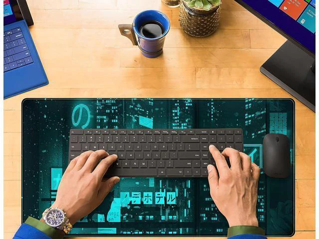 Alt view image 5 of 6 - WRIARICH Cyan Green Japanese Desk Mat Neon Tokyo Extended Mouse Pad Anime Cat Desk Pad Gaming Mousepad XXL Large Keyboard Mat for Gamers Cool Computer Mat for Desk with Stitched Edges 31.5X15.7 in