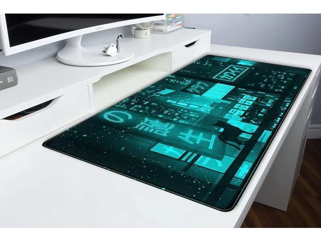 Alt view image 6 of 6 - WRIARICH Cyan Green Japanese Desk Mat Neon Tokyo Extended Mouse Pad Anime Cat Desk Pad Gaming Mousepad XXL Large Keyboard Mat for Gamers Cool Computer Mat for Desk with Stitched Edges 31.5X15.7 in